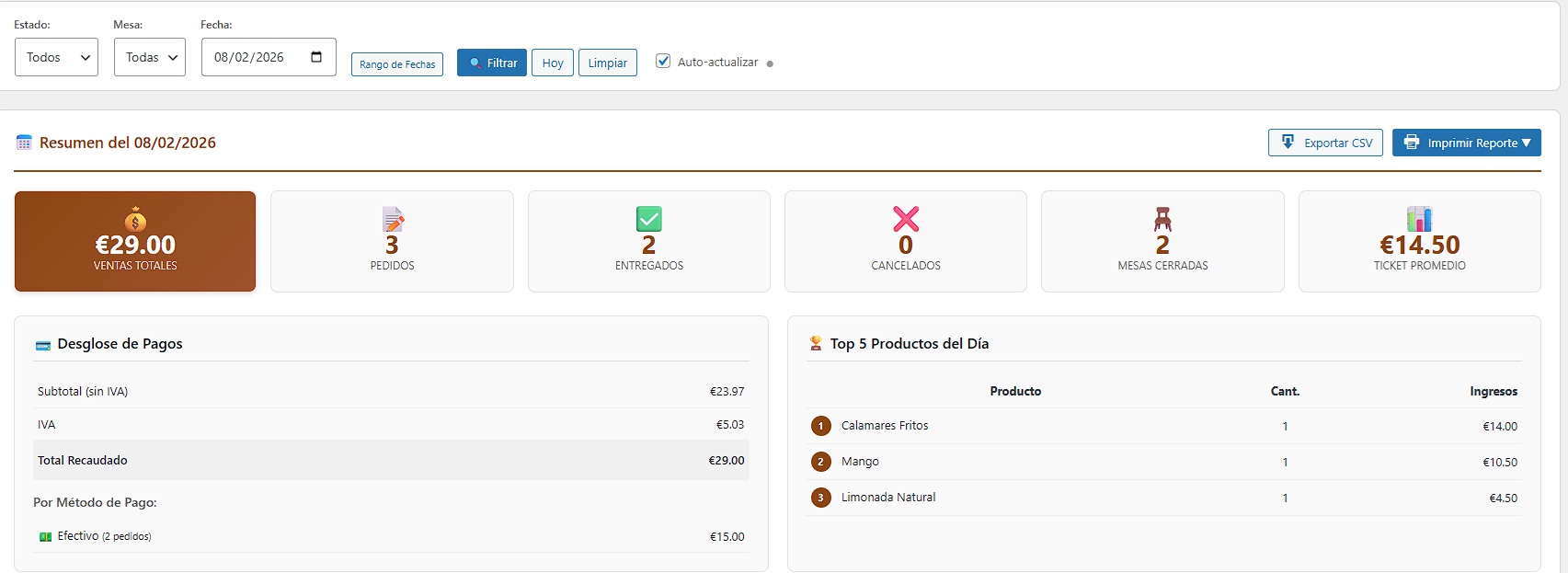 Tabla de pedidos con filtros y opciones de exportacion